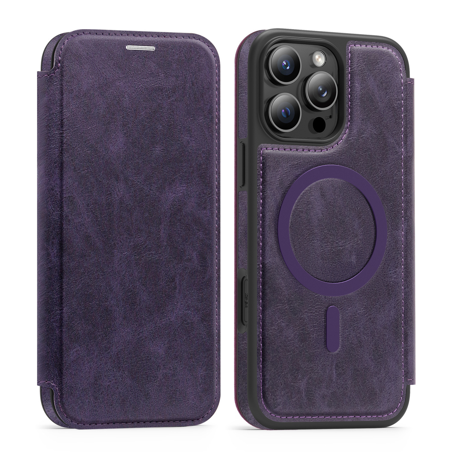 Ốp lưng da từ tính có khe đựng thẻ cho iPhone 16 Pro Max, chống sốc — Màu đen, Màu xanh ngọc, Màu cà phê, Xám vàng titan chi tiết 16