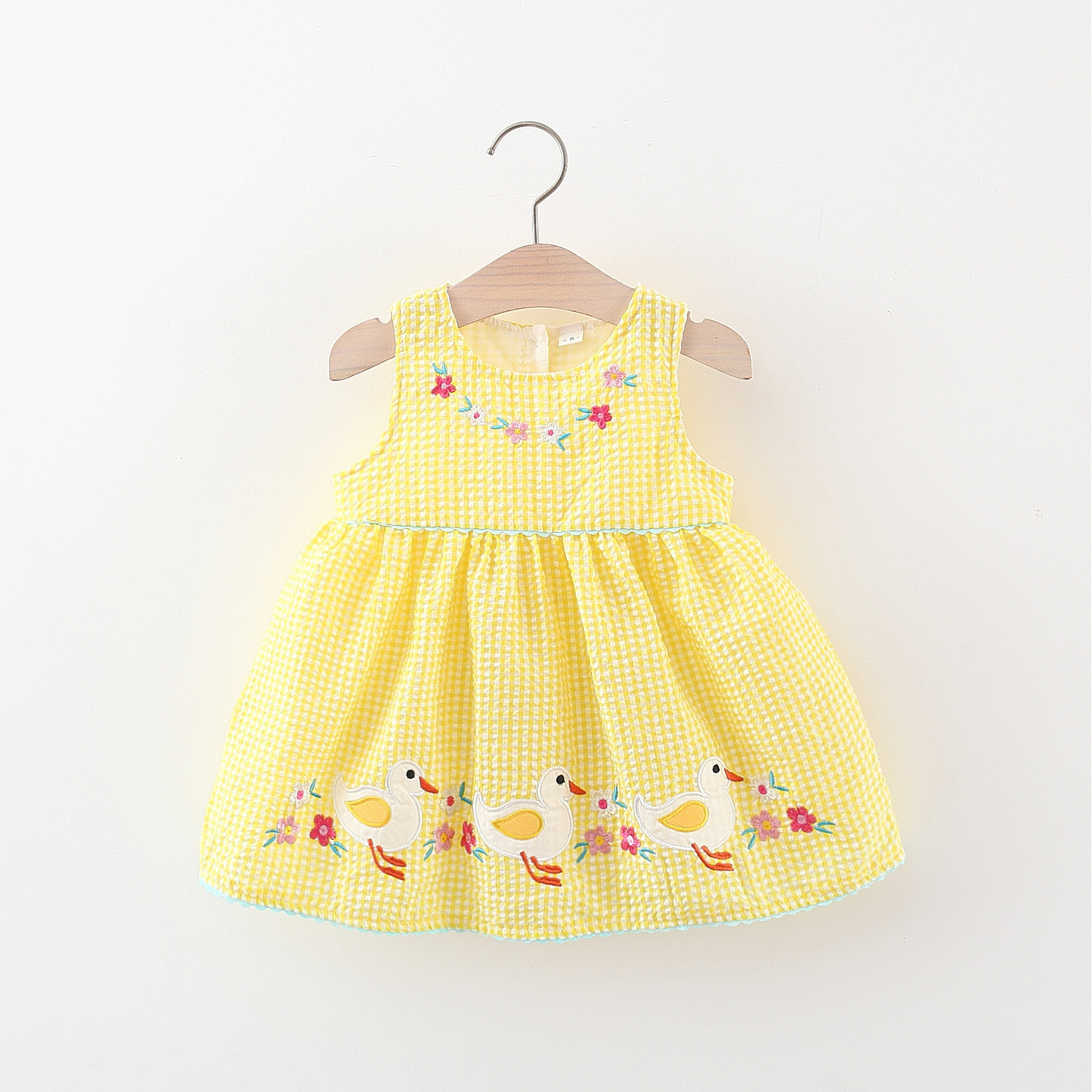 Vestido de niña estilo coreano verano lleno de dibujos animados a cuadros pato bordado chaleco falda estilo occidental princesa