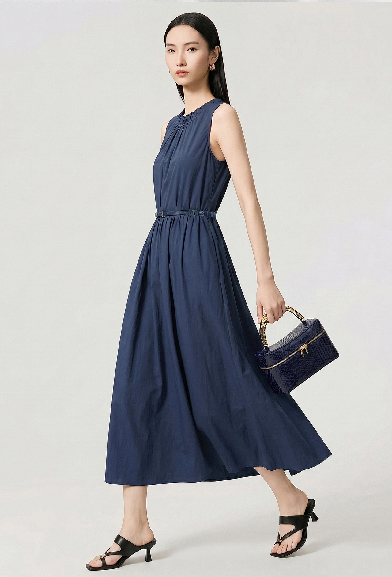 Đầm maxi nữ thắt eo không tay chất cotton phong cách Pháp cổ điển — xanh lam chi tiết 2