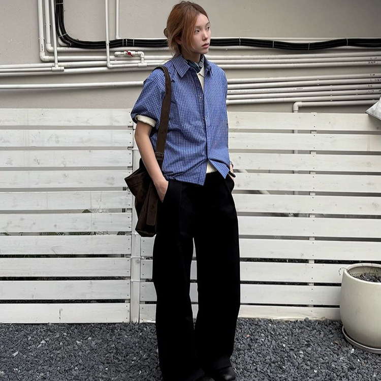 American Retro Cleanfit Blue Plaid Drawstring Short-Sleeved Shirt for Men and Women in Summer Versatile Boxy Short Wide Top