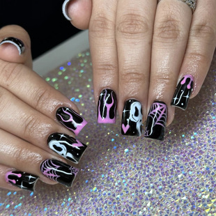 Halloween Wearable Nail Rose Red Heart-Shaped Spider Web Skull Pattern Printed Removable Fake Nail Manicure Nail Pieces