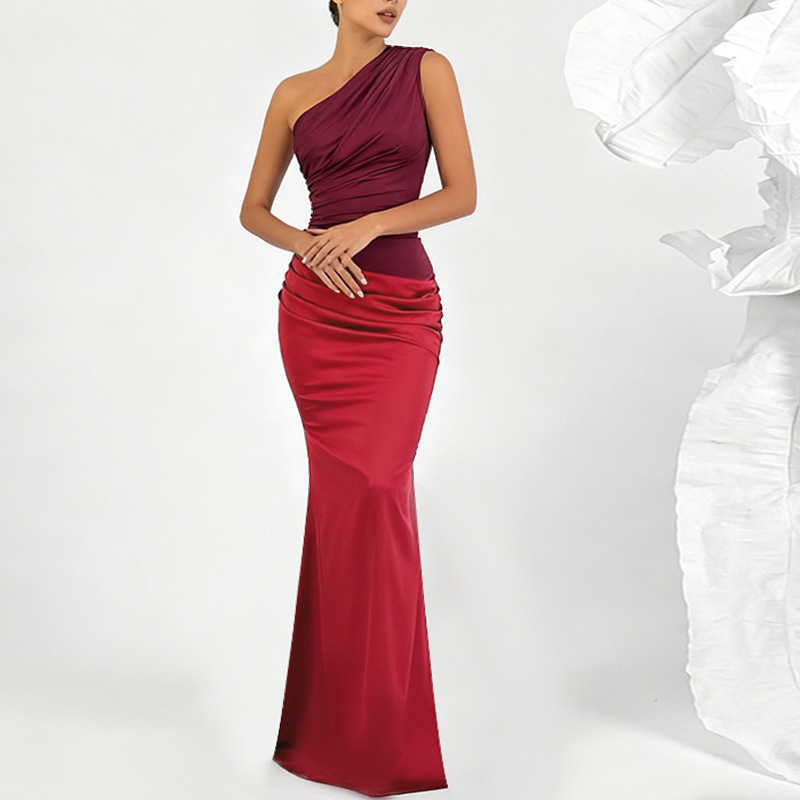 Xm25047Pfo Amazon's New Evening Dress Long Skirt Design Off-Shoulder Color Matching Party Fishtail Skirt Dress