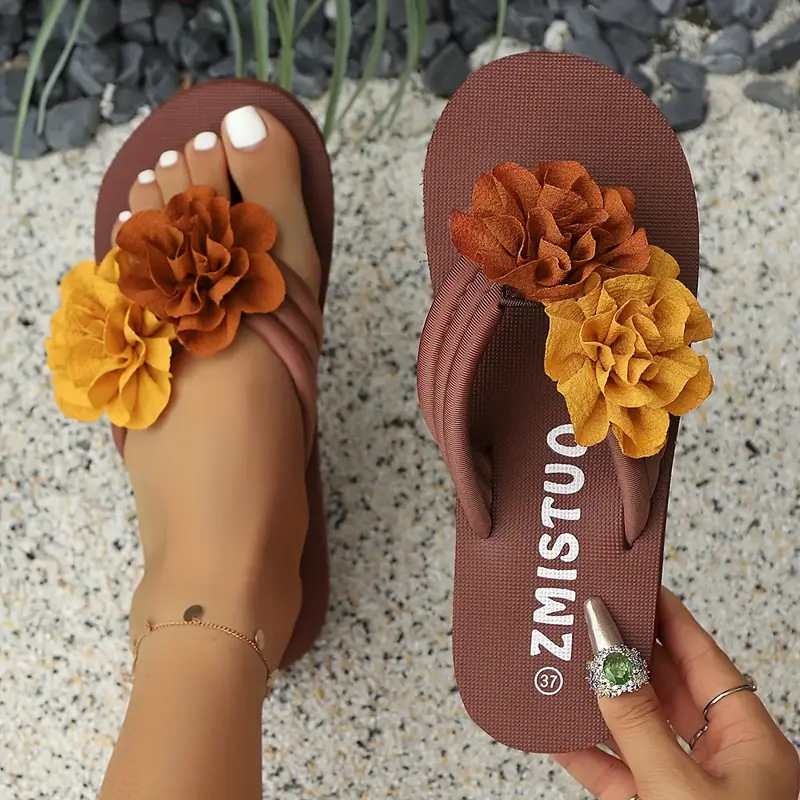 Temu Cross-Border Popular Bohemian Women's Flip-Flops Open-Toe Outdoor Floral Eva Summer Beach Sandals