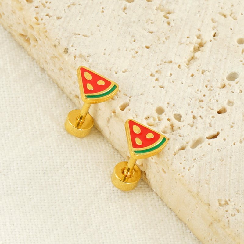 Pendientes de sandía de fruta de acero inoxidable de nueva moda transfronteriza para mujer Pendientes de acero de titanio mini simples y versátiles para mujer