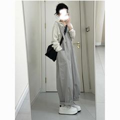 春秋穿搭整套2025新款时尚减龄条纹衬衫宽松吊带裤背带裤两件套装