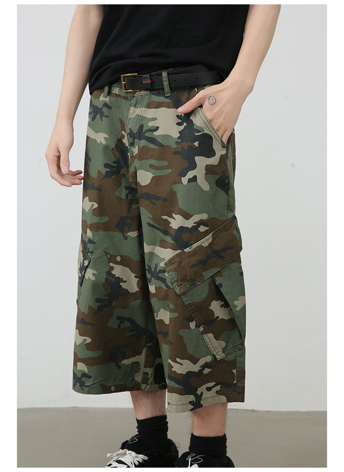 Quần short denim rằn ri nhiều túi ống rộng ống đứng — Rằn ri chi tiết 9