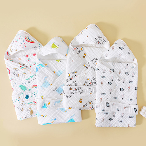 宝宝连帽抱被新生儿产房包巾 卡通六层纱布包被襁褓巾婴儿用品