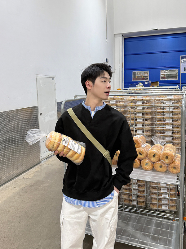 黑色假两件长袖卫衣2025新款春秋季宽松套头上衣休闲衬衫简约|undefined