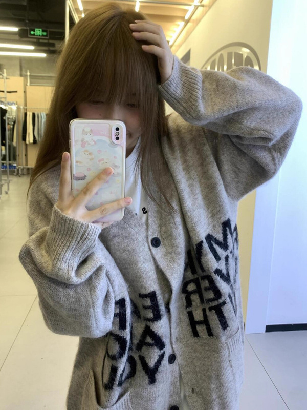 美式复古V领针织开衫外套女秋冬休闲宽松慵懒风毛衣外套早秋穿搭|undefined