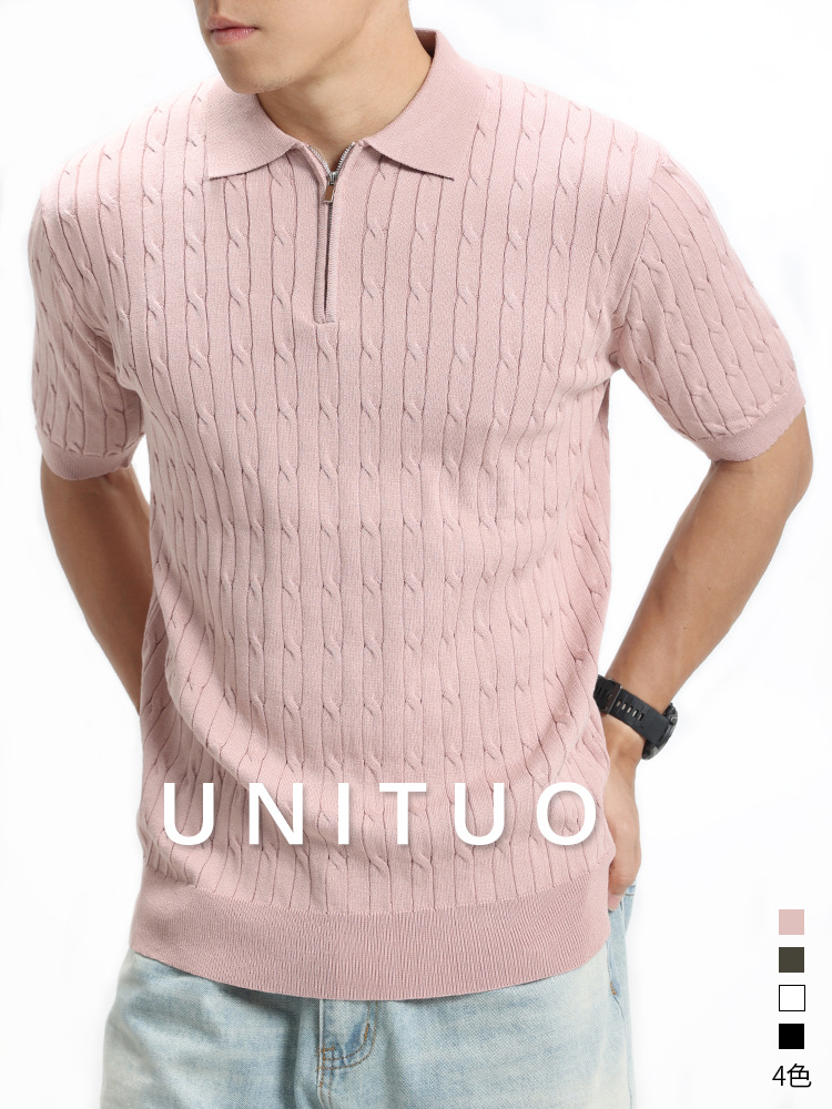 Polo de hielo transfronterizo camiseta de punto de manga corta para hombres Casual medio abierto zip Jacquard camiseta para hombres