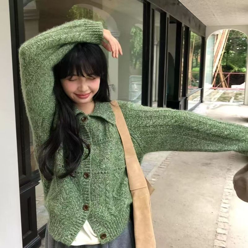 复古风毛衣女韩系百搭宽松2025早秋新款外套麻花翻领混纺针织开衫|undefined