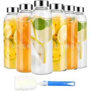 跨境16oz玻璃水杯密封防漏透明果汁瓶饮料果茶杯带盖套装外带随手