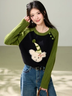 R7069休闲秋冬季新款绿色慵懒宽松毛衣女小个子圆领针织上衣