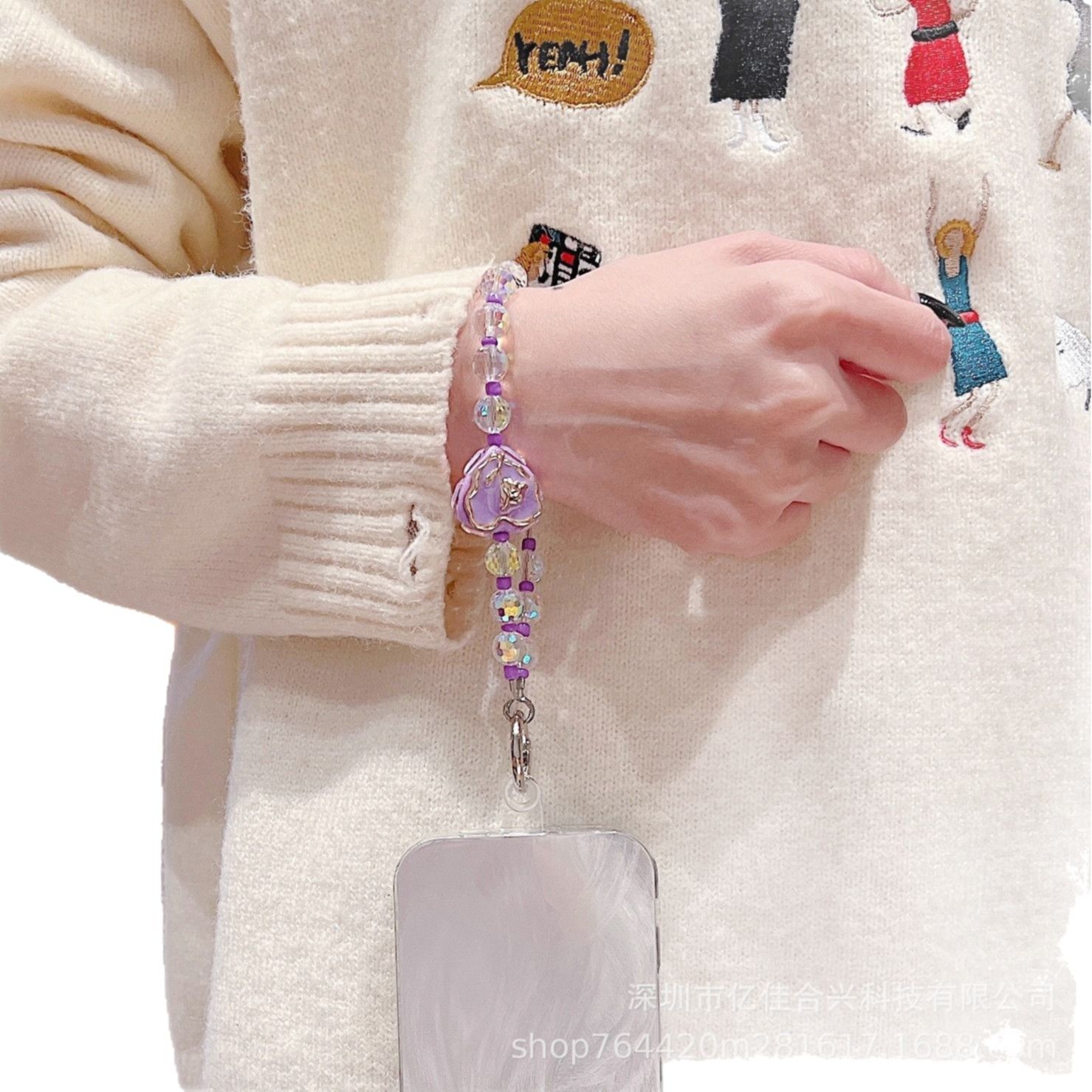 Verano pequeño y fresco cordón de cadena de teléfono móvil cristal colorido accesorios creativos amor flor pintada cordón de hebilla de metal