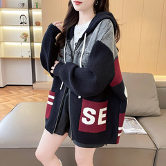 宽松慵懒风牛仔布拼接毛衣开衫女2025新款秋冬季韩版连帽针织外套