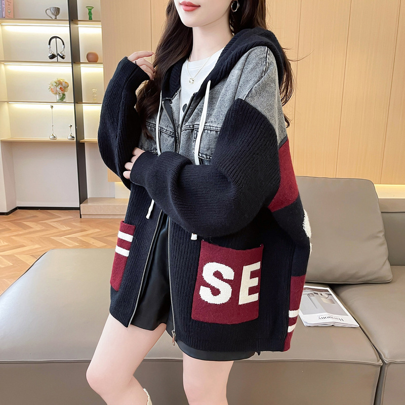 宽松慵懒风牛仔布拼接毛衣开衫女2025新款秋冬季韩版连帽针织外套|undefined
