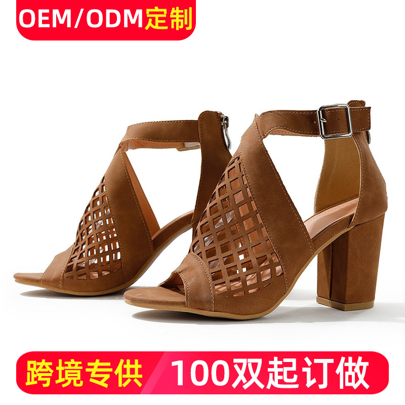 2026 Spring/Summer Cross-Border Trade Roman Style Women's Shoes with Chunky Heels, High Heels, Hollow Design, Open-Toe Brown Sandals for Women