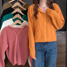 连帽单排扣纯色针织衫上衣女春秋季温柔风长袖毛衣外搭外套针织衫