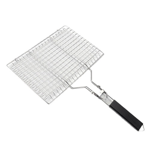 Outdoor folding barbecue net barbecue tools stainless steel wooden handle food clip 430 grilled fish clip removable BBQ grill net