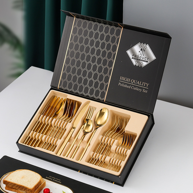 Amazon transfronteriza de 24 piezas de acero inoxidable occidental vajilla traje 1010 cuchillo, tenedor y cuchara de oro natural de almacenamiento en rack caja de regalo