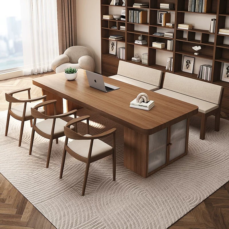 Nordic solid wood large-panel desk with side storage, integrated long table and bookcase, workbench that eliminates the need for a separate living room
