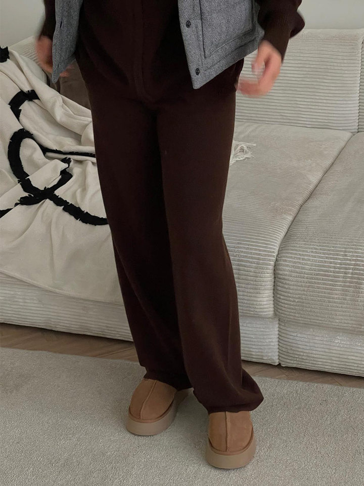 Bộ áo cardigan dệt kim khóa kéo phối quần dài ống rộng nữ — màu bột yến mạch, màu nâu, màu xám, trắng chi tiết 52