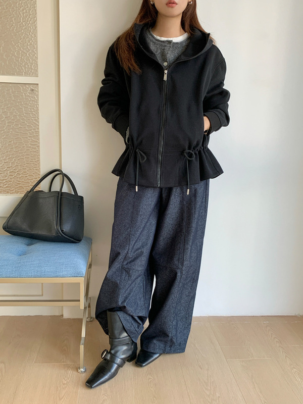GAGD 减龄松弛感_时髦抽绳收腰宽松卫衣女韩系设计感花苞拉链帽衫|undefined