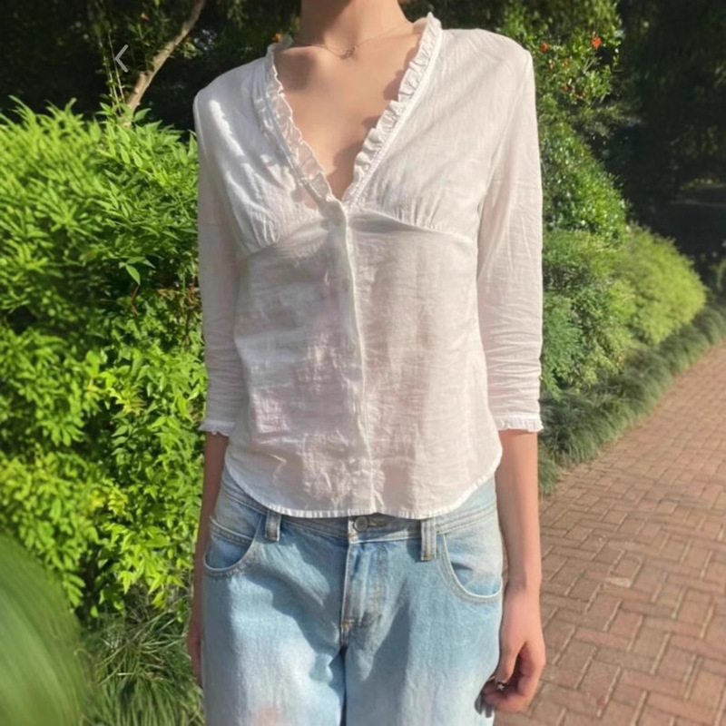 BM Style Summer Lightweight Lace V-Neck White Medium Long Sleeve Shirt Women's New All-match Bm Slim Tops New Arrival
