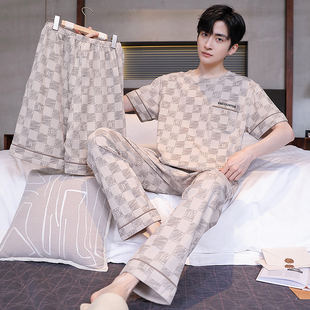 Men's Pajamas Summer Cotton Short-Sleeved Shorts and Trousers Three-Piece Set Casual Youth Cotton Clearance Home Clothes