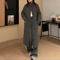 口袋长款针织大衣V领纽扣气质外套开衫外搭毛衣女宽松秋冬季2025