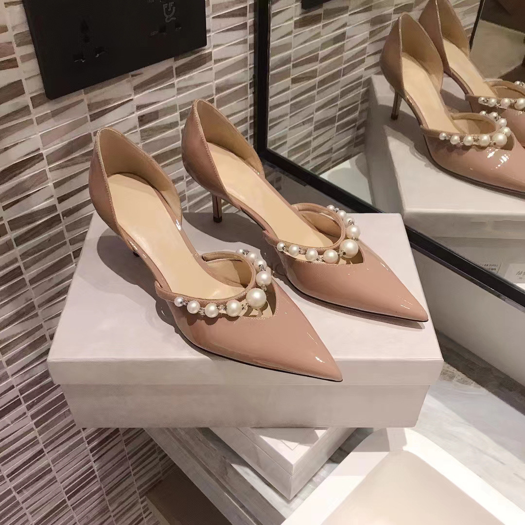 Version JC Chaussures pointues en cuir verni à talons hauts, talon fin, bride en perles, bouche peu profonde, chaussures simples creuses, sandales à bout fermé_voghion.com