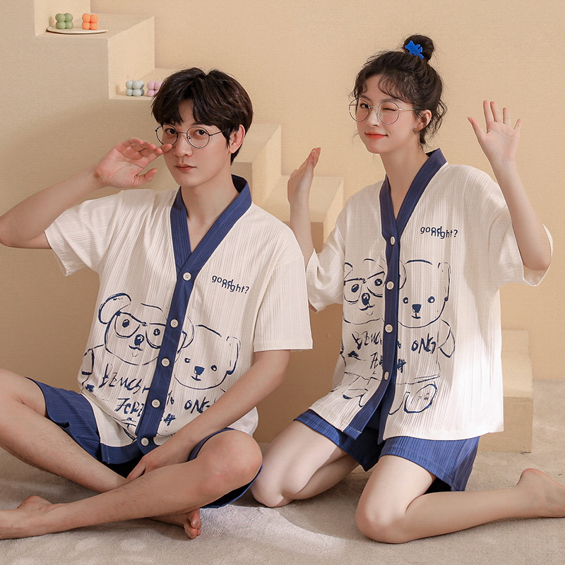 2024 verano pareja pijama de algodón cardigan de manga corta suelta ropa de casa de tamaño grande para hombres y mujeres juegos de camiso