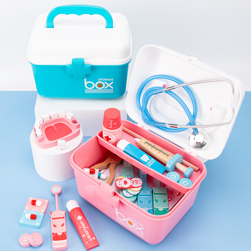 Los niños de madera caja la medicina plástico diversión dental básica doctor enfermera colgando goteo tratamiento médico traje