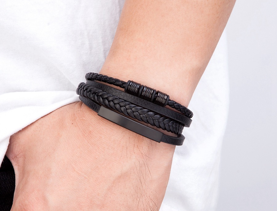 Plating Design Vintage Style Classic Style Solid Color Pu Leather Titanium Steel Plating Men's Wristband Men Cord & Leather Bracelets