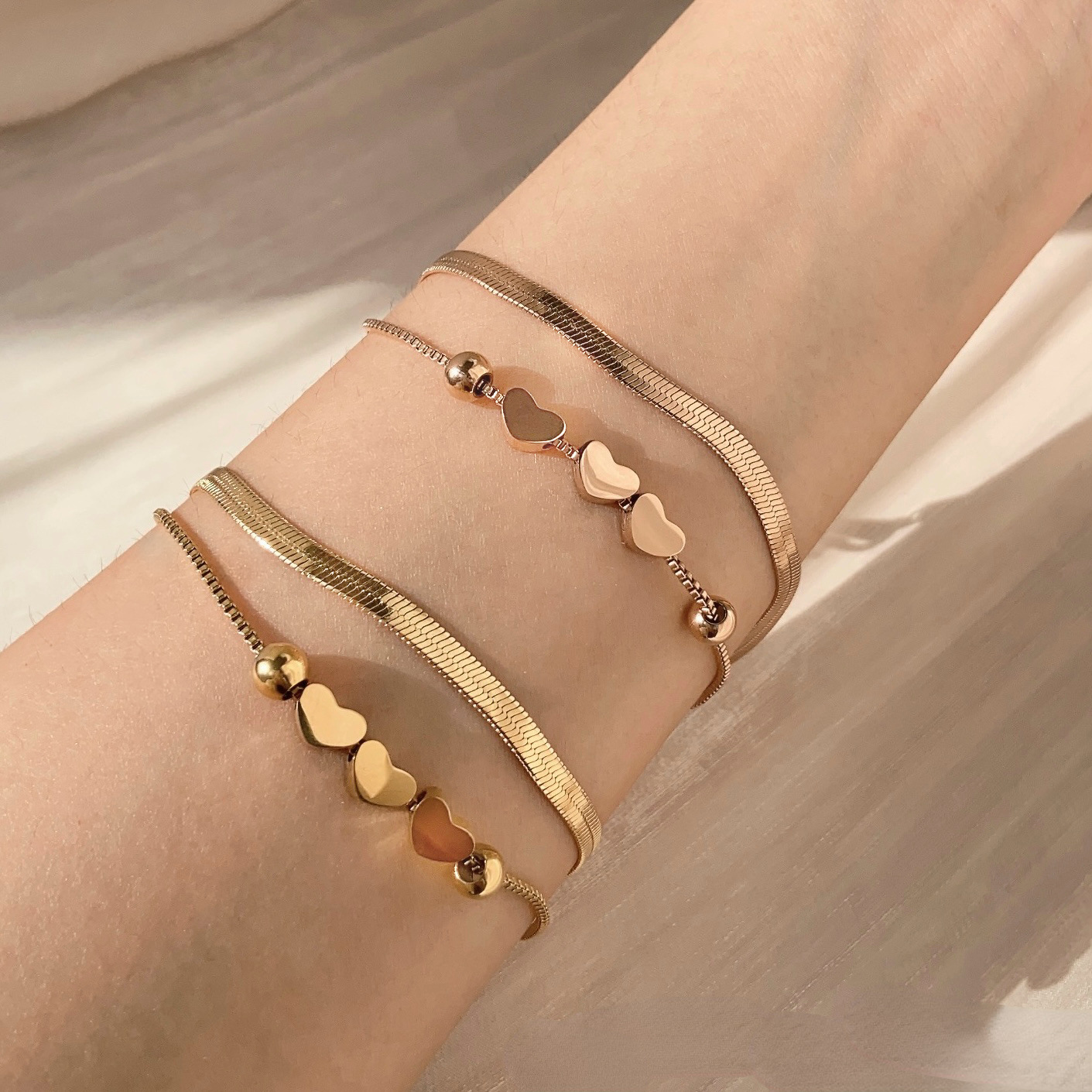 Personalized Ins Style Double-layer Geometric Bracelet Metal Style Double-layer Snake Chain Love Bracelet Cold Titanium Steel Bracelet