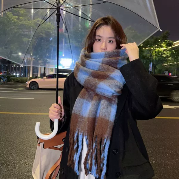 New mohair scarf winter women's Korean style atmosphere all-match plaid cashmere padded warm shawl scarf