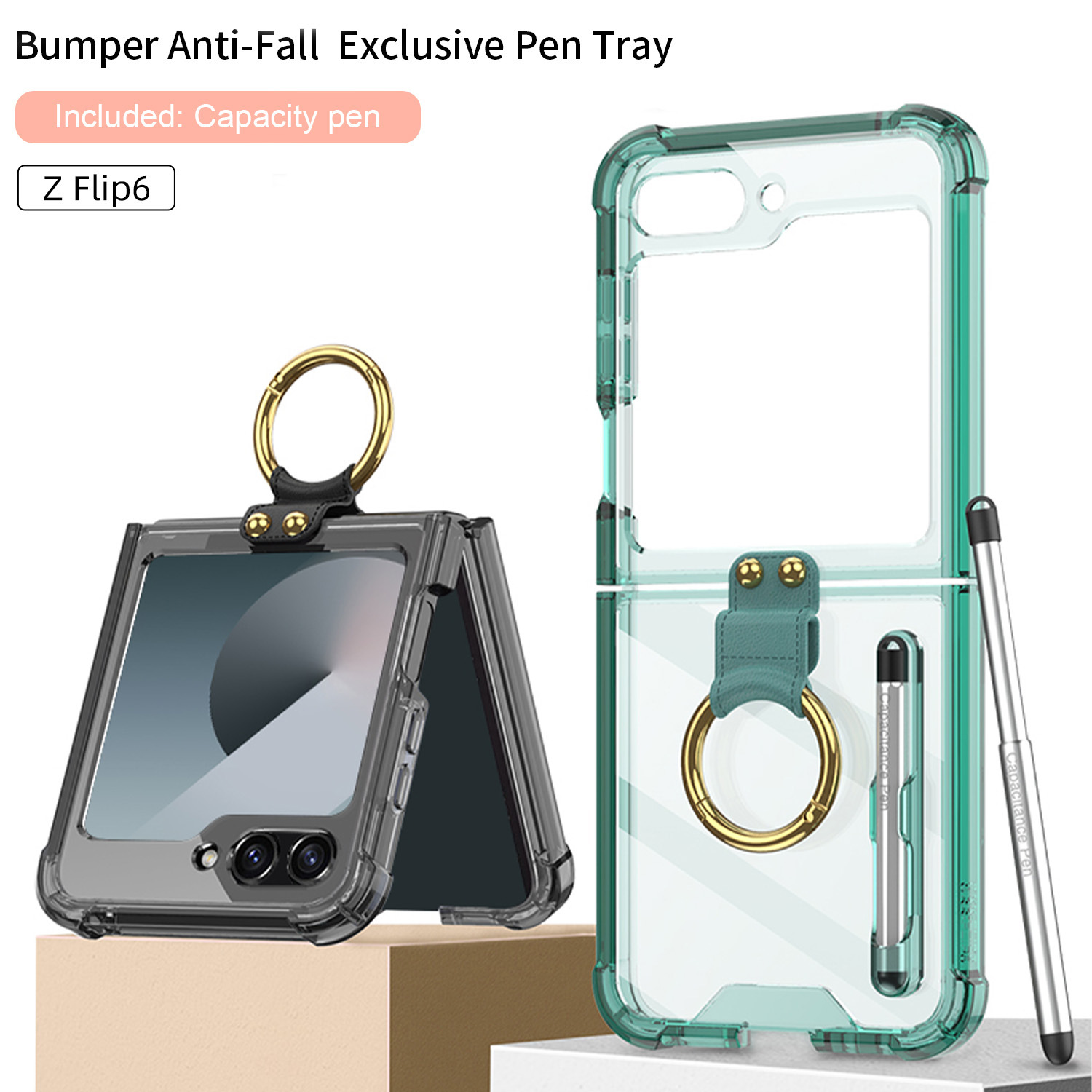 Aplicable a Samsung Z Flip6 de moda caja de teléfono móvil plegable bolsa de aire cubierta transparente con bolígrafo de pluma