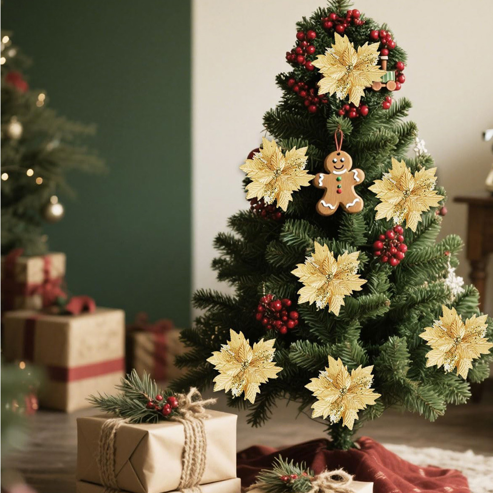 12 flores de Navidad en stock flores de polvo de oro accesorios de guirnaldas de árbol de Navidad colgantes de flores de decoración de Navidad flores falsas