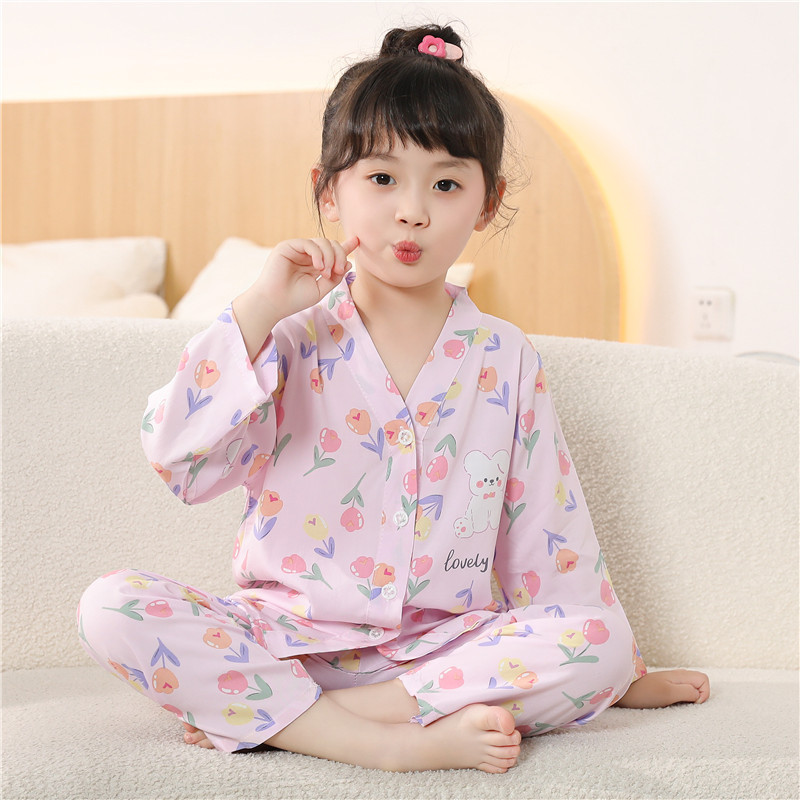 2021 New Summer Girls' Cotton Silk Pajamas, Medium and Large Kidsren's Boys' Cotton Silk Thin Long-Sleeved Home Clothes Set