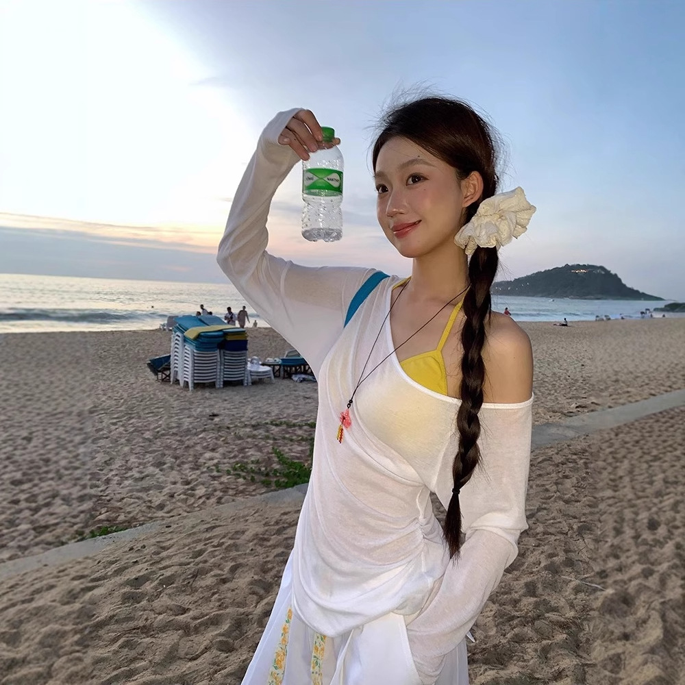 Hot Girl 섹시한 오프 숄더 긴팔 티셔츠 여성 여름 슬림 피트 자외선 차단 블라우스 불규칙 캐주얼 시크 화이트 탑