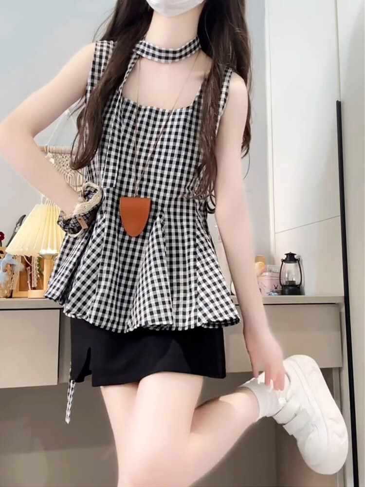 Plaid Tie Zipper Beautiful Sleeveless Off-Shoulder Lace-Up Waist Top