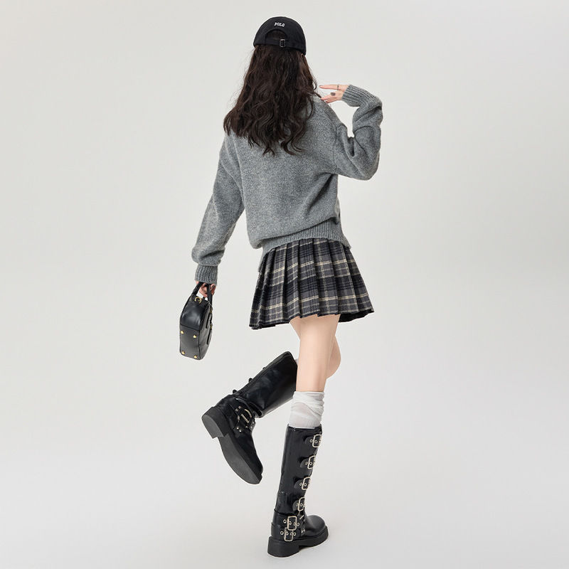 呢子格子半身裙女2025秋冬季复古高腰显瘦百褶裙学院风A字短裙潮|undefined