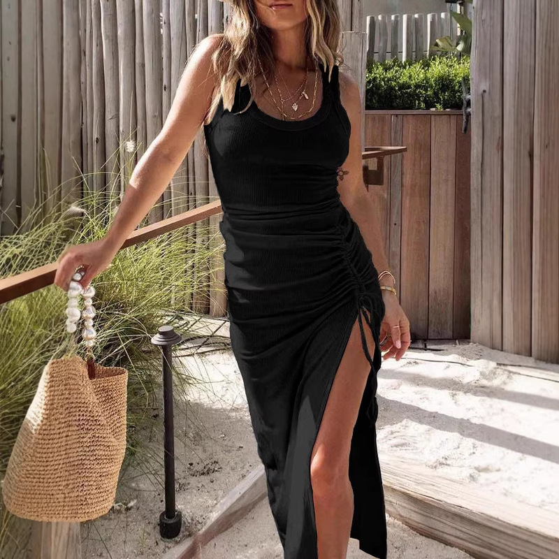 European and American Style Women's Side Slit Drawstring Ruched Bodycon Dress Casual Sun Maxi Dress Sleeveless Ribbed Tank Dress