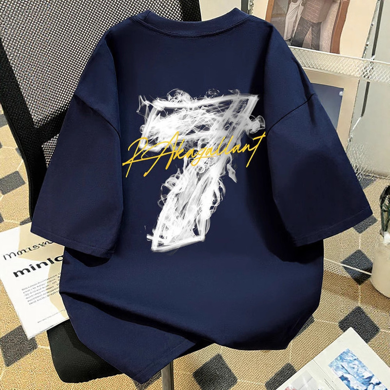 2025 Summer New American Style Smoke 7 Short-Sleeve T-Shirt for Men, Stylish Trendy Brand Versatile Loose Top Ins Style