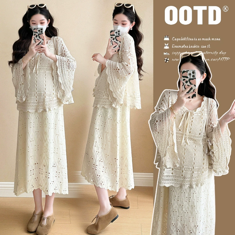 Весенняя одежда для беременных 2025 минус возраст Французский набор из двух частей новый сладкий блузка с крючком кружева юбка для беременных