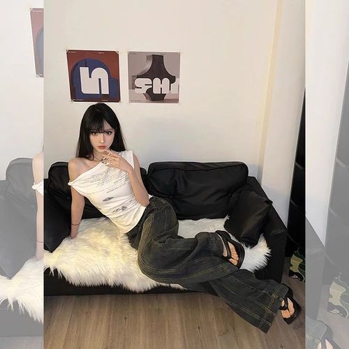 260g Cotton Modal Blended Print Cross-shoulder Short-sleeve T-shirt for Women, Edgy Design, Unique and Stylish Top