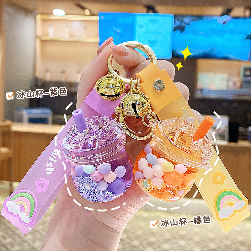 Cross-Border Colorful Iceberg Milk Tea Cup Keychain Couple Bag Pendant Exquisite Liquid Quicksand Keychain Ring