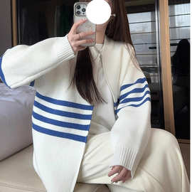 秋冬韩版休闲撞色条纹棒球领拉链开衫毛衣女加厚宽松针织衫外套潮