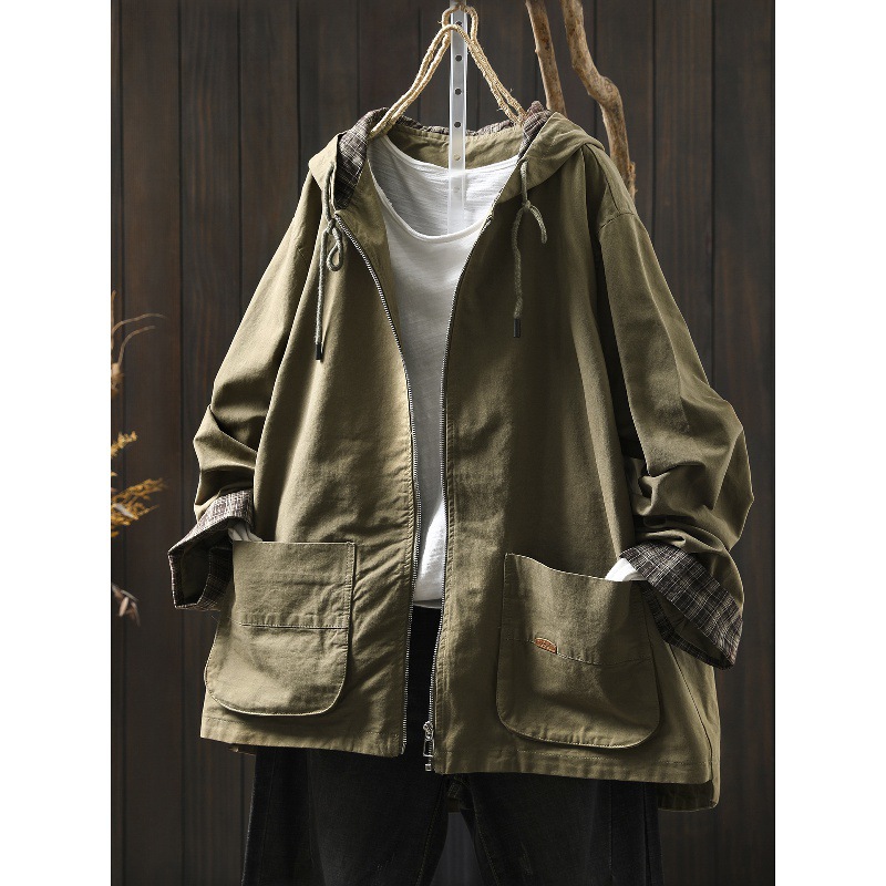 Fashion Trendy Large Pocket Cotton Work Jacket for Women 2025 Autumn Plus Size Loose Casual Hooded Trench Coat