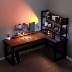コーナーゲーミングテーブルコンピュータテーブルデスクトップホームダブルデスク本棚寝室コーナーテーブルオフィステーブルワークベンチ
